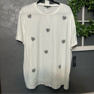 White T-Shirt with Silver Heart Accents 2X NWT